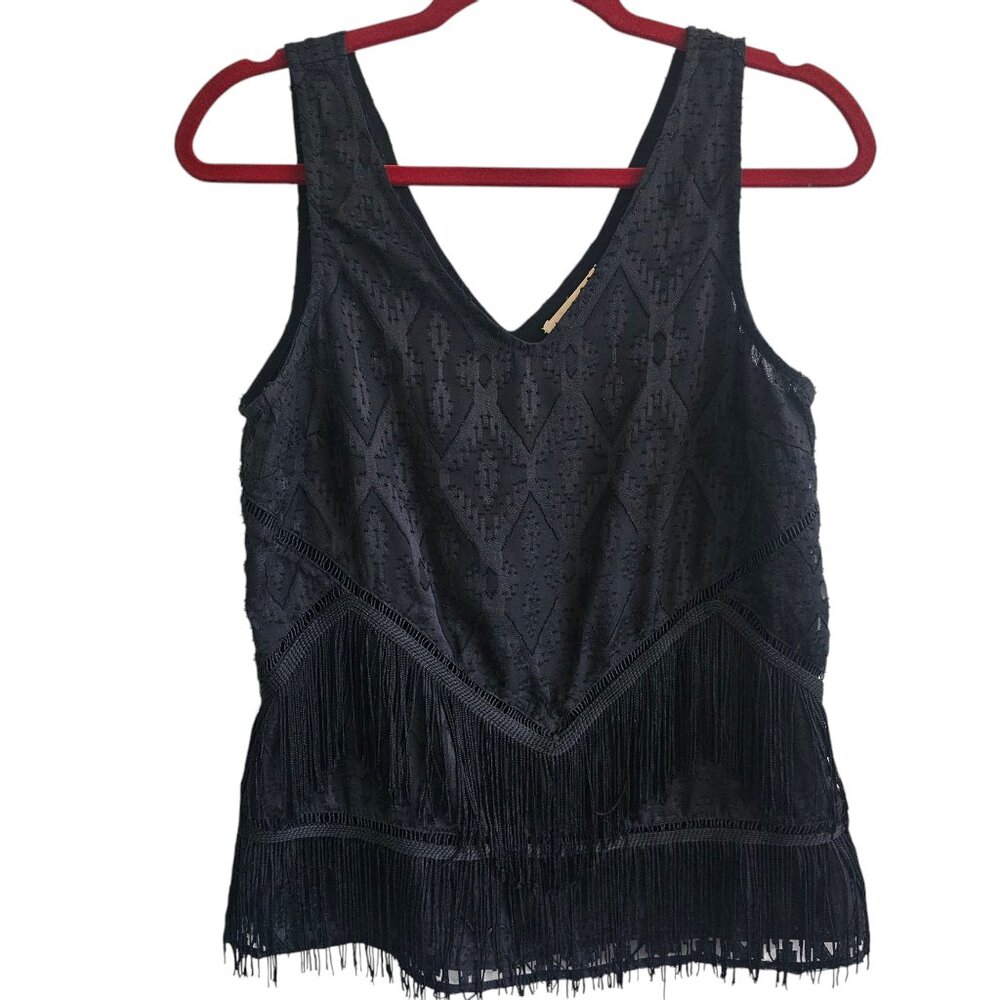 Skies are Blue Western Fringe  Cowgirl V Neck  Sleeveless Black Blouse Top